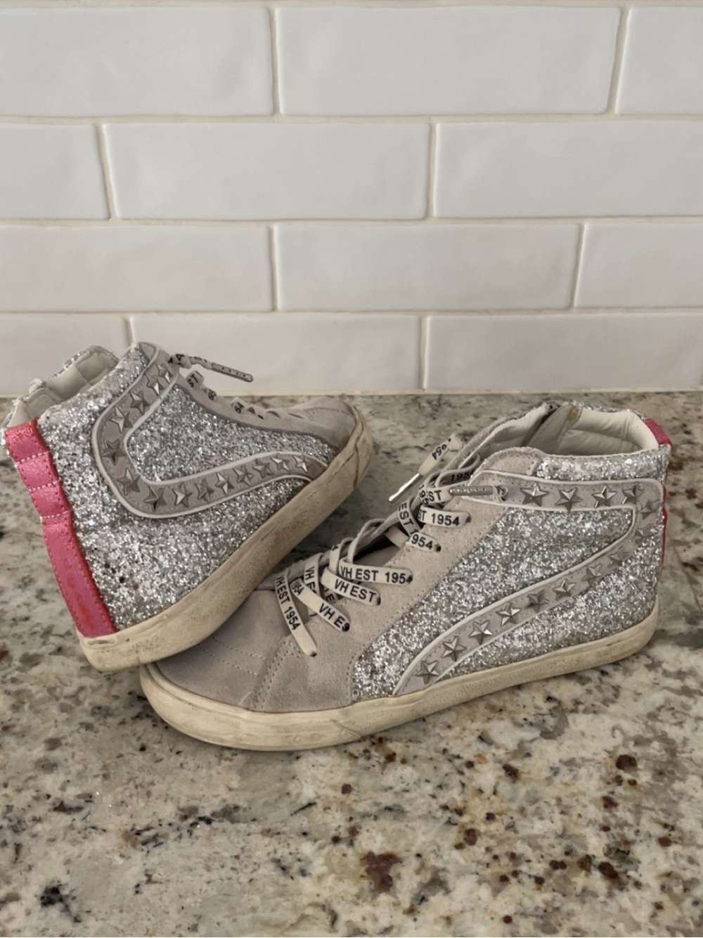 Silver Glitter High-Top Sneakers with Pink Heel